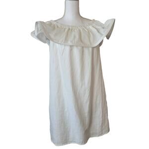 Line & Dot Linen Dress Ruffle Neck Shift Mini White Size M
